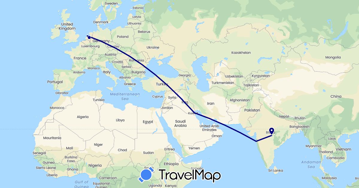 TravelMap itinerary: driving in India, Kuwait, Netherlands (Asia, Europe)